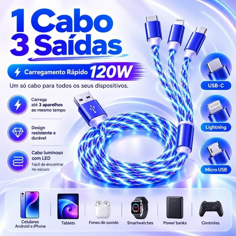 Cabo Carregador Rápido 3 em 1 120W com LED Compatível com iPhone Android Tipo C e USB Carregador Veicular