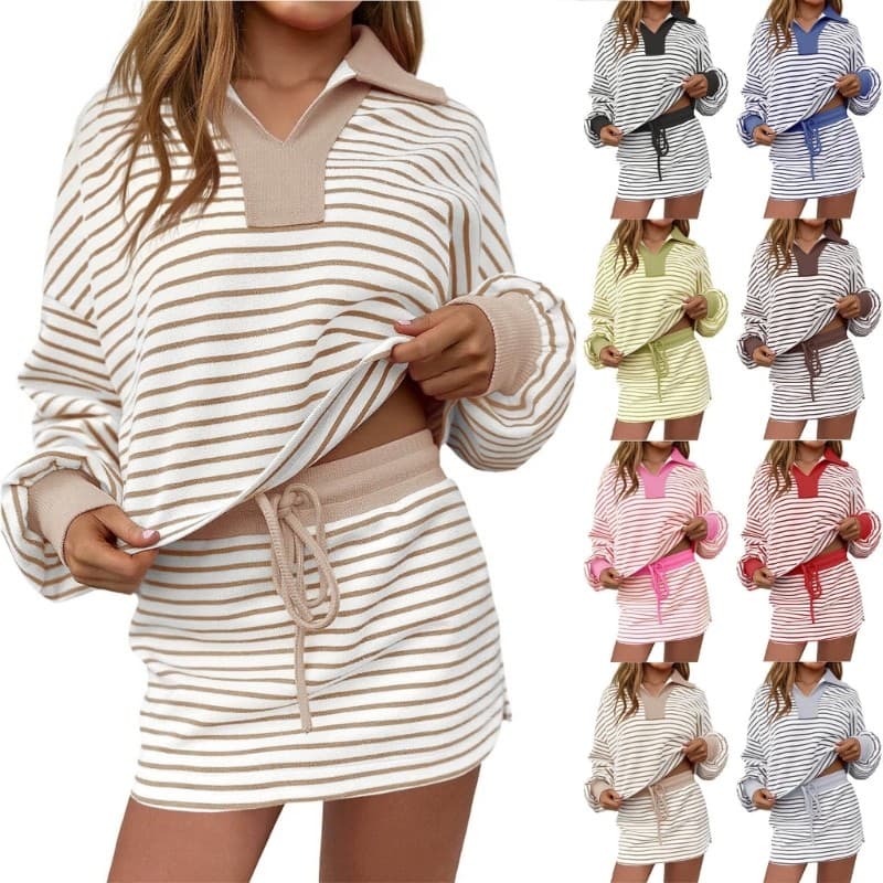 XI Conjunto Feminino Listrado Com 2 Roupas , Moletom Casual , Saia , Manga Comprida , Skort , De Treino , Conjuntos De L