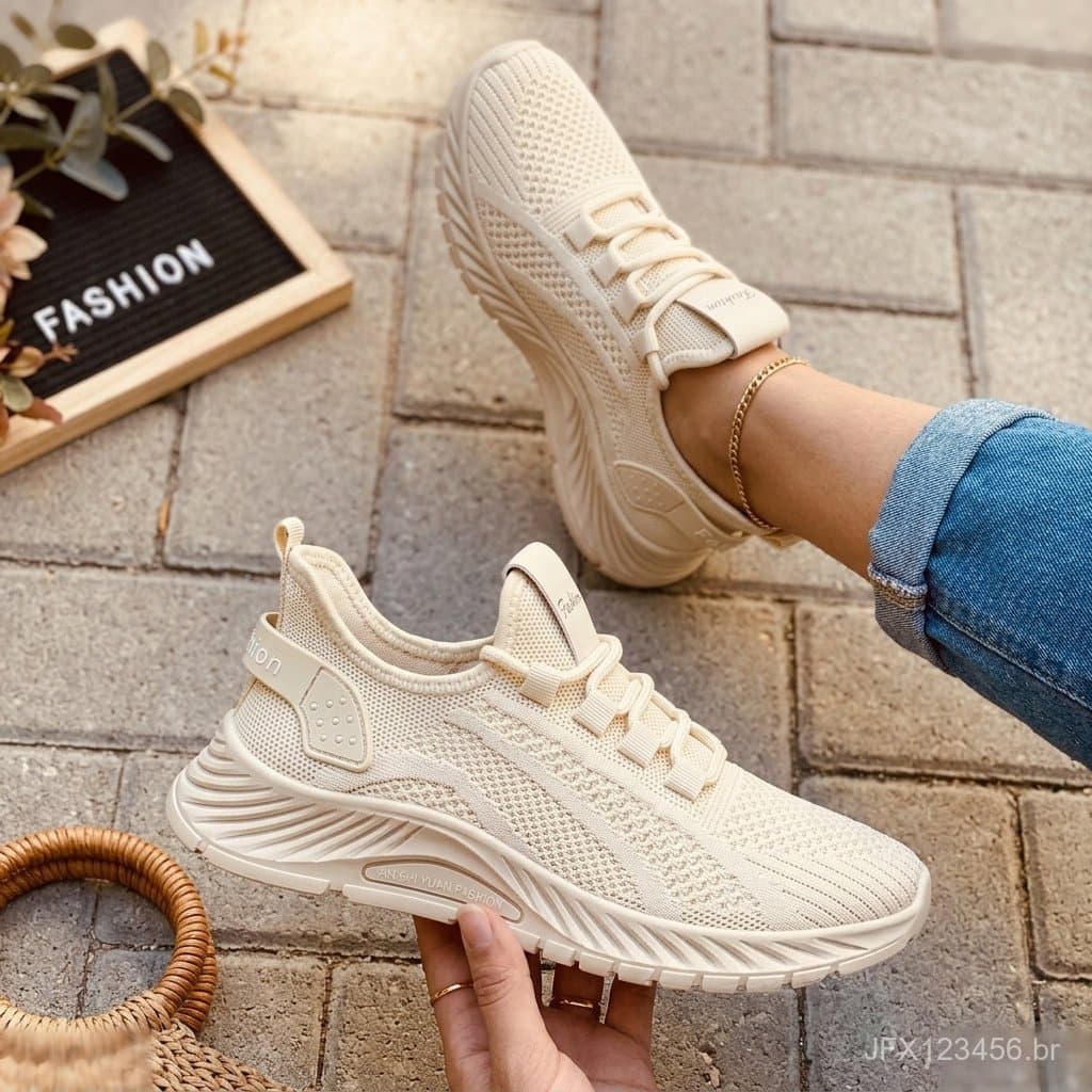 Tênis Flyknit Respirável Feminino, Calçado Casual Versátil, Tênis de Verão Leve e Amortecido, Confortável para o Dia a D