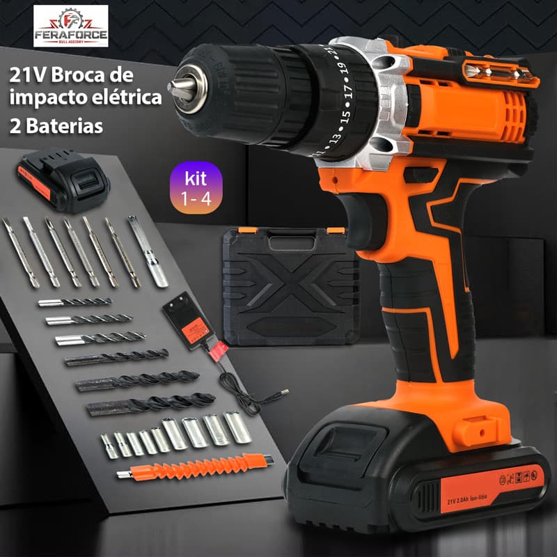 Parafusadeira Furadeira Impacto 21V Sem Fio Bivolt 24 Pçs C/ Maleta 2 Baterias Profissional