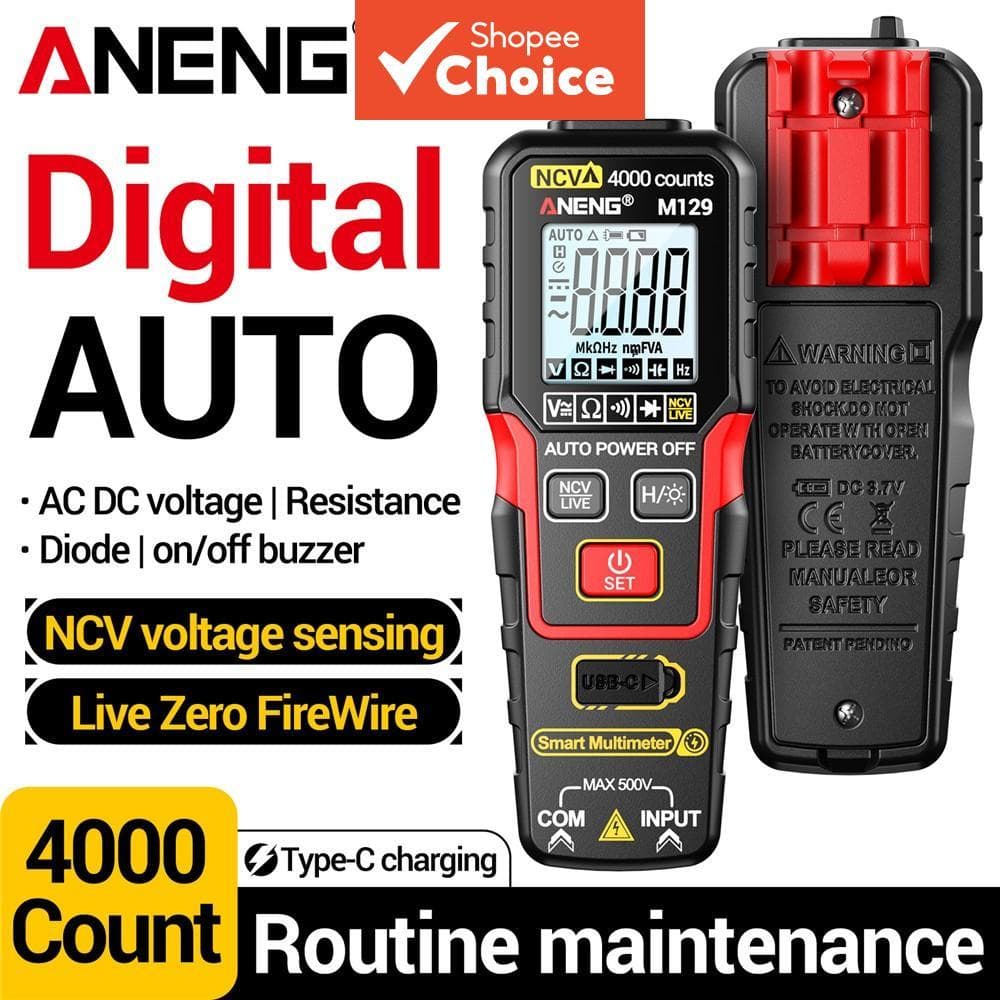 Multímetro Digital ANENG M129 De Uma Peça , Testador Recarregável De Resistência De Tensão NCV AC/DC De 4000 Contagens C