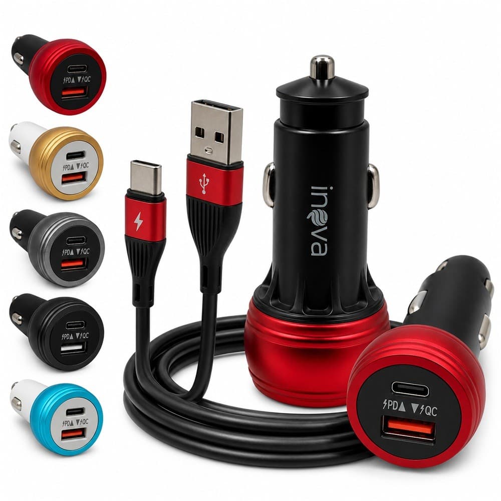 Carregador Veicular INOVA GL18-C Turbo 45W com USB e Tipo-C e Cabo Tipo-C Móvel - Cor Preto