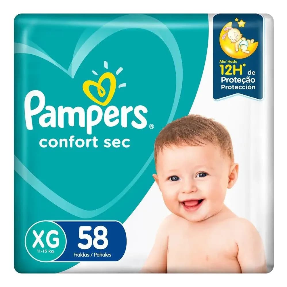 Fraldas Infantil Pampers Confort Sec XG 58 Unidades Até 12h Proteção Antivazamento Bebê Descartável
