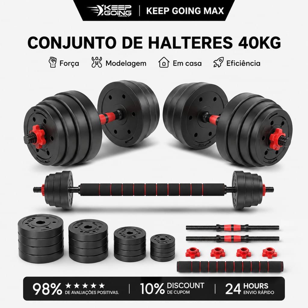 Kit Halteres 40kg Ajustável 4 em 1 com Barra Longa, Anilhas e Pesos para Musculação e Treino em Casa