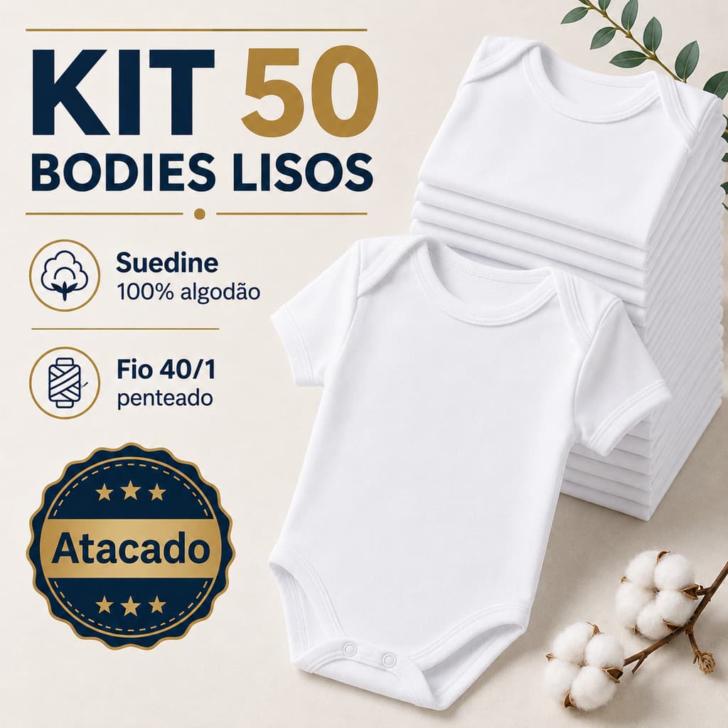 Kit 50 Body Bebê Curto Enxoval Atacado 100% Algodão Suedine Penteado