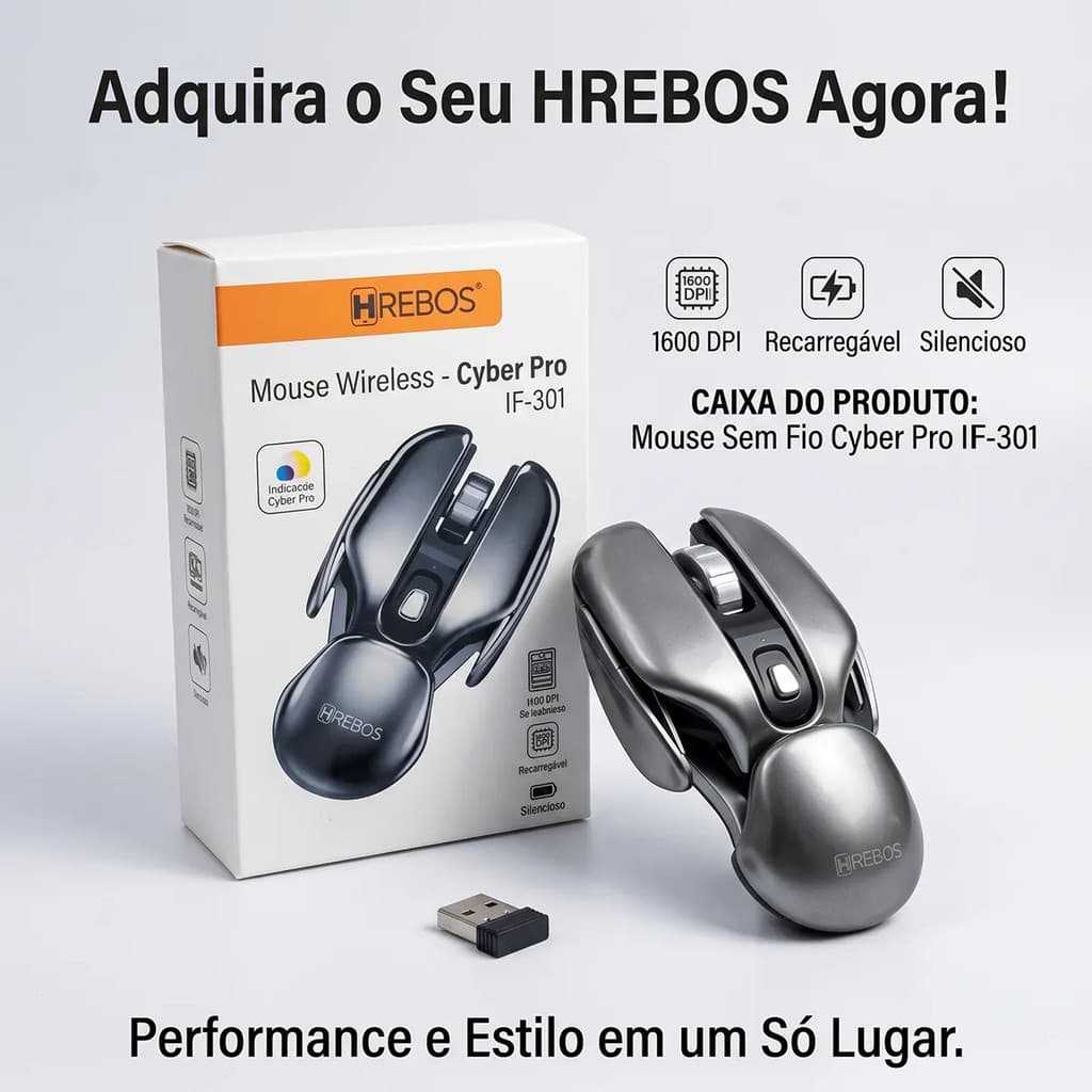 Hrebos Mouse Gamer Sem Fio IF-201 Prata Ergonomico Recarregável 1600 DPI Leve 83g Luxo com 5 Botões e Conexão USB