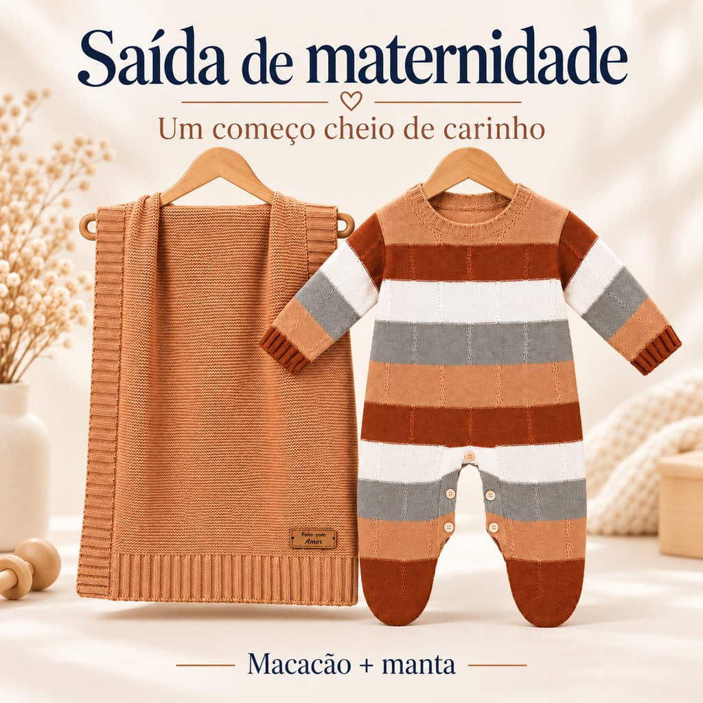 Saída Maternidade Bebê Kit 3 Peças Macacão Listrado Tricô Body e Manta Enxoval Recém-Nascido
