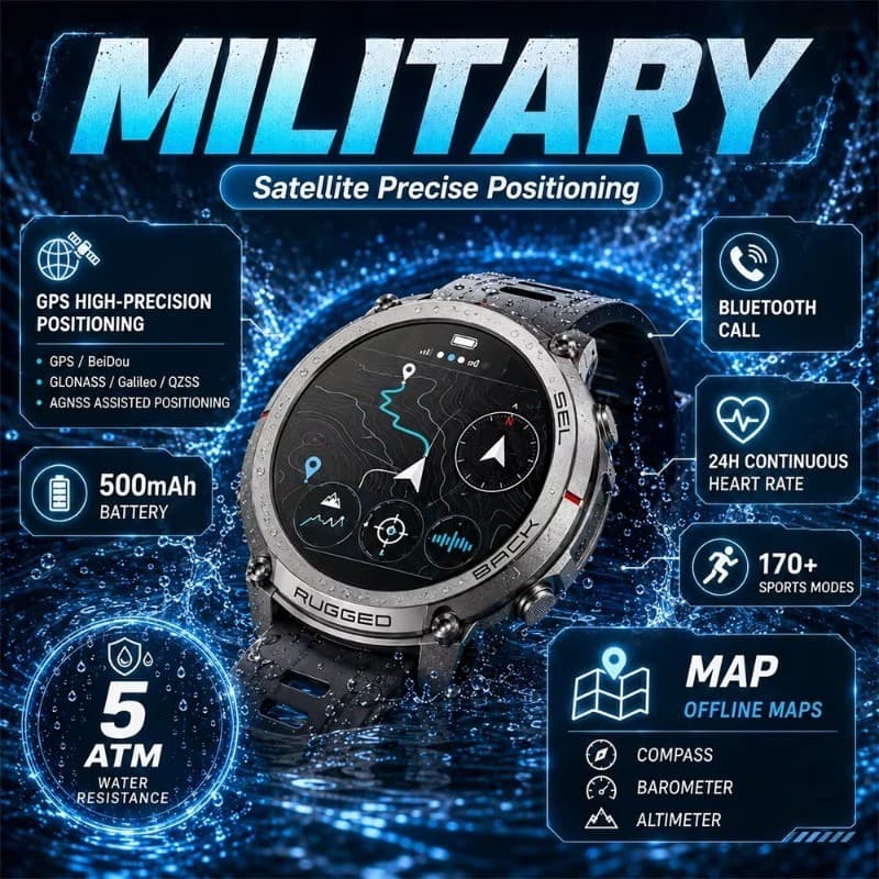 Smartwatch Relógio Inteligente Robusto Masculino GPS BeiDou GLONASS Galileo QZSS Bluetooth Chamando 5ATM À Prova D'água 