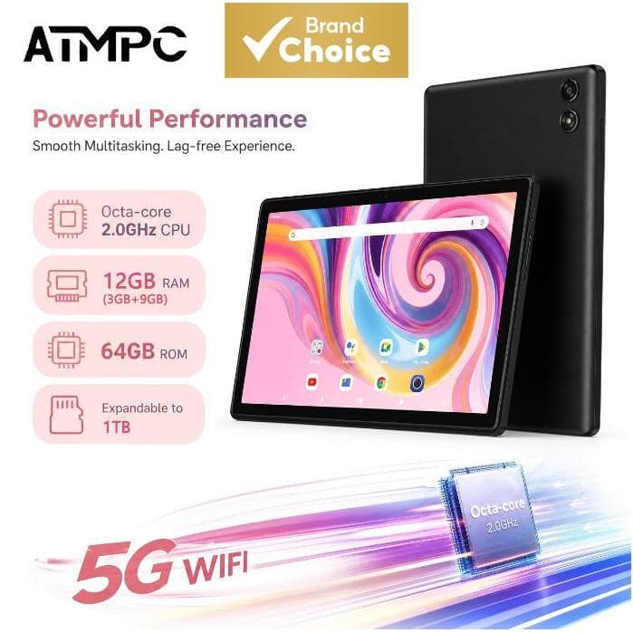 Tablet Android ATMPC de 10,1 polegadas, 64 GB de armazenamento (expansível até 1 TB), processador octa-core de 2,0 GHz,