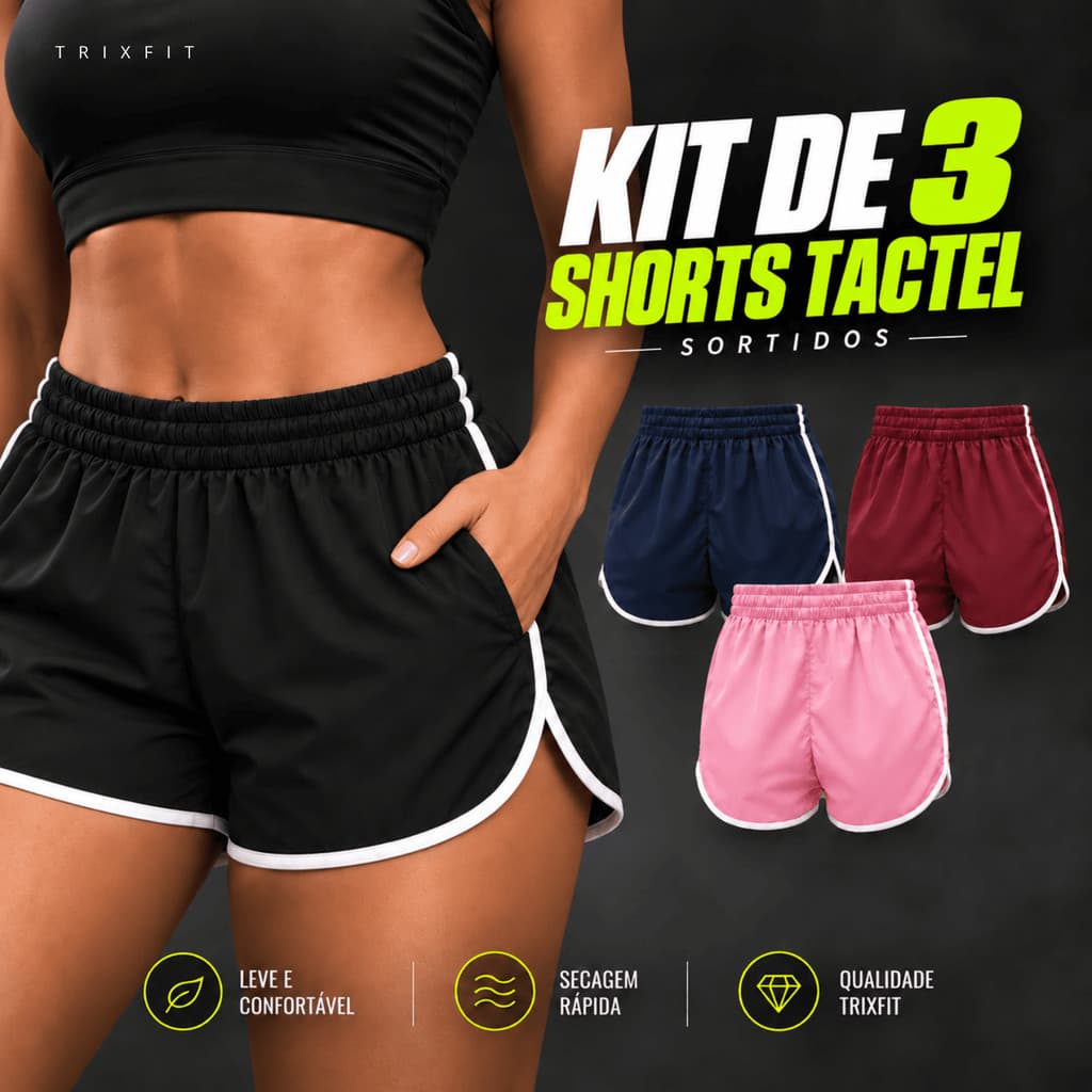 Kit 3 Shortinhos Shorts Tactel com Bolso Feminino Soltinho Caminhada Saída Praia Treino Corrida Roupa Academia Fitness