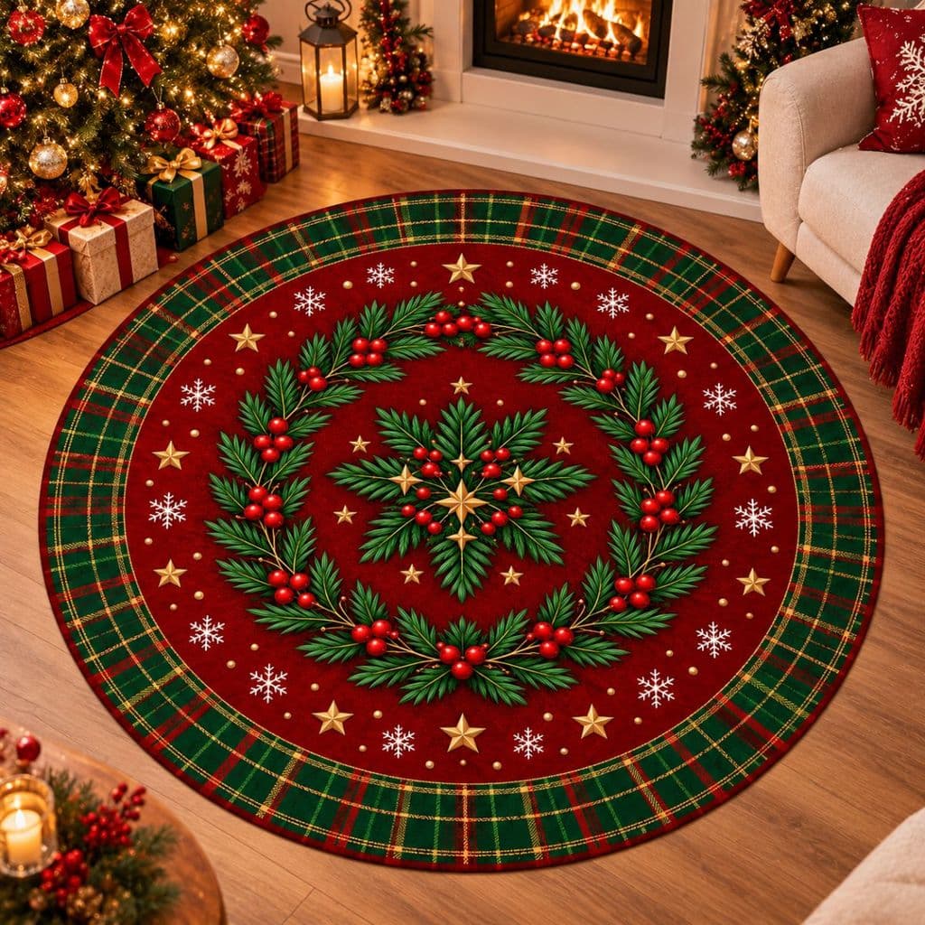 Tapete Redondo Decorativo Natal 88cm Antiderrapante para Sala e Quarto 2268