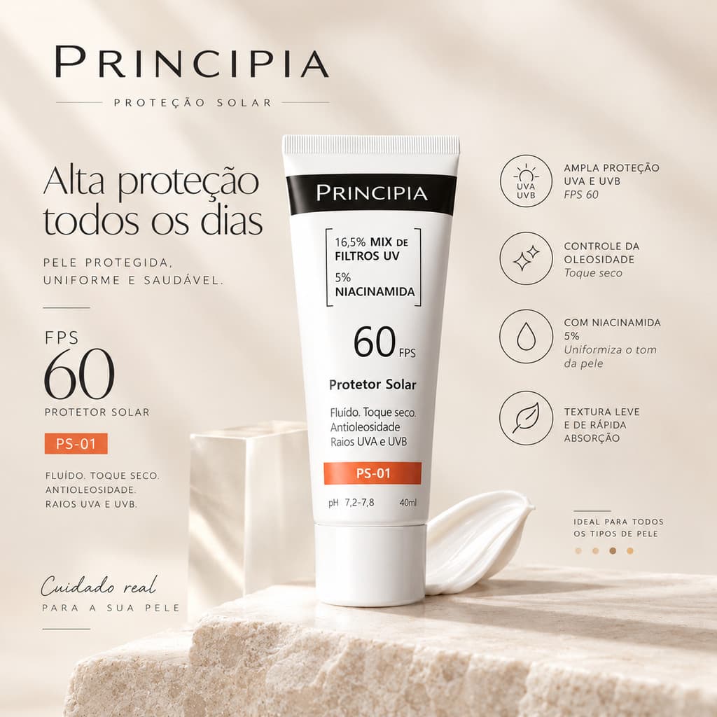 Protetor Solar Facial Principia FPS 60 PS-01 Proteção Solar para Uso Diário