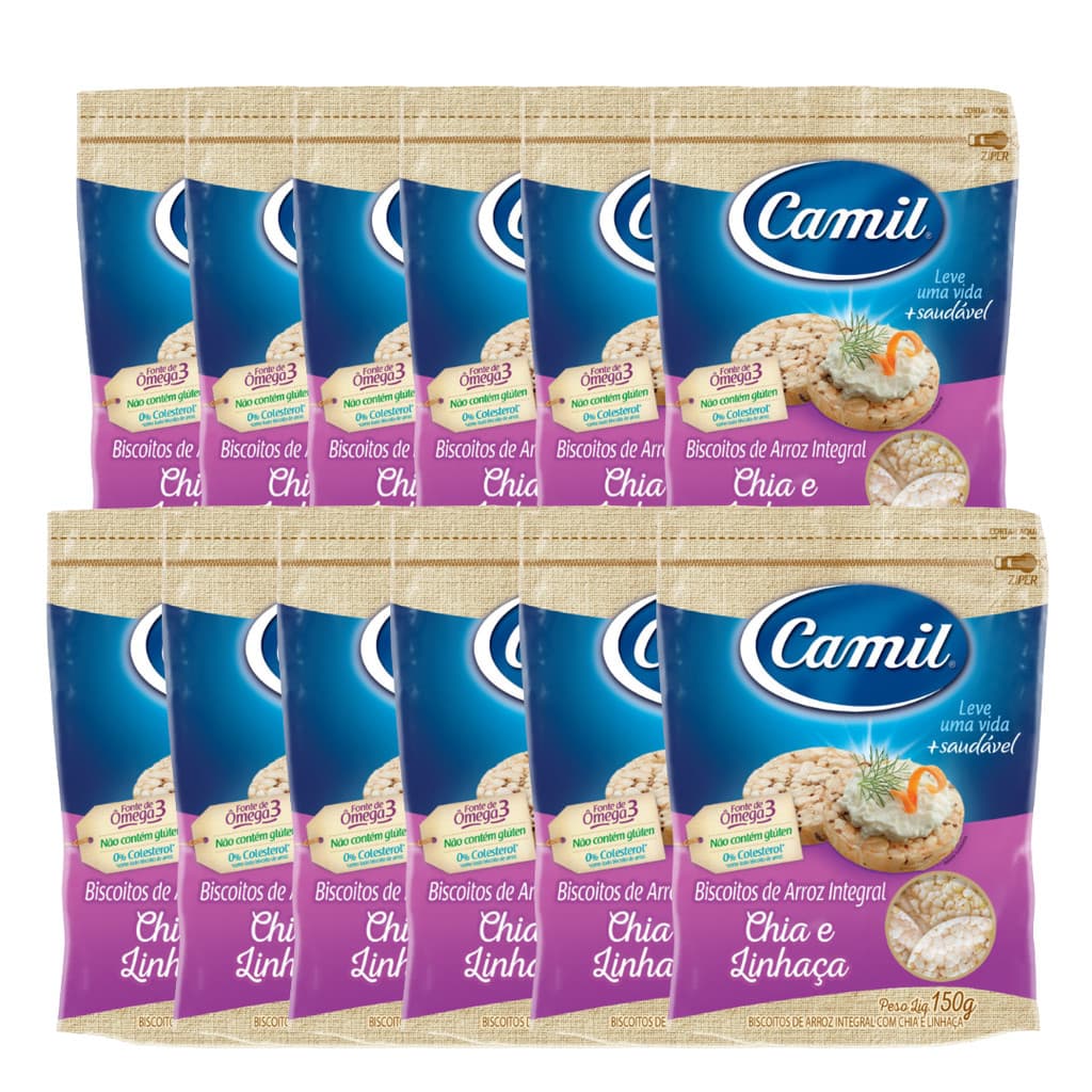 Biscoito de Arroz Integral Chia e Linhaça Camil 12x150g Sem Glúten