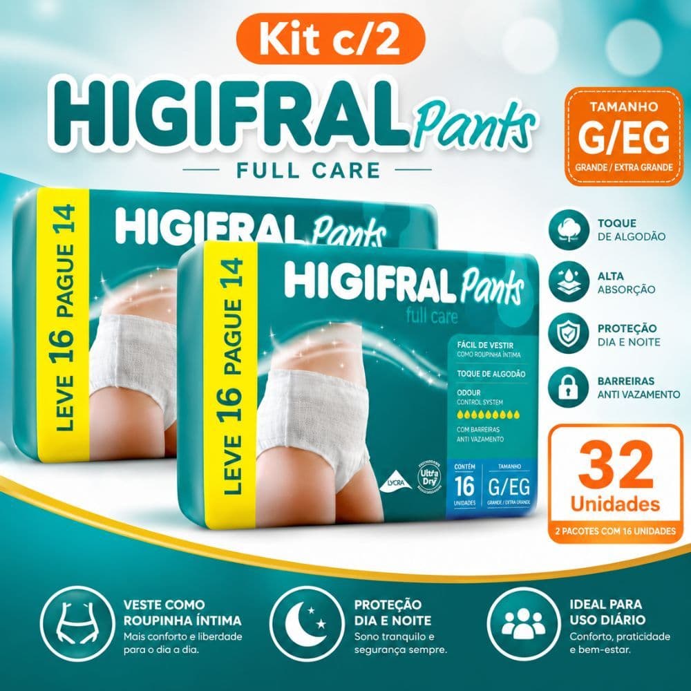 Kit 2 Roupa Íntima Descartável Adulto Higifral Pants G/XG Unissex 32 Unidades