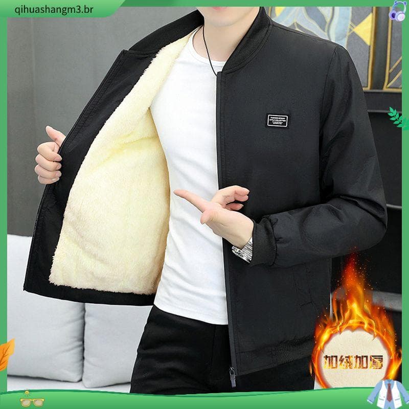 Jaqueta masculina forro de lã engrossado juventude jaqueta masculina versão coreana magro-ajuste Casual uniforme de beis