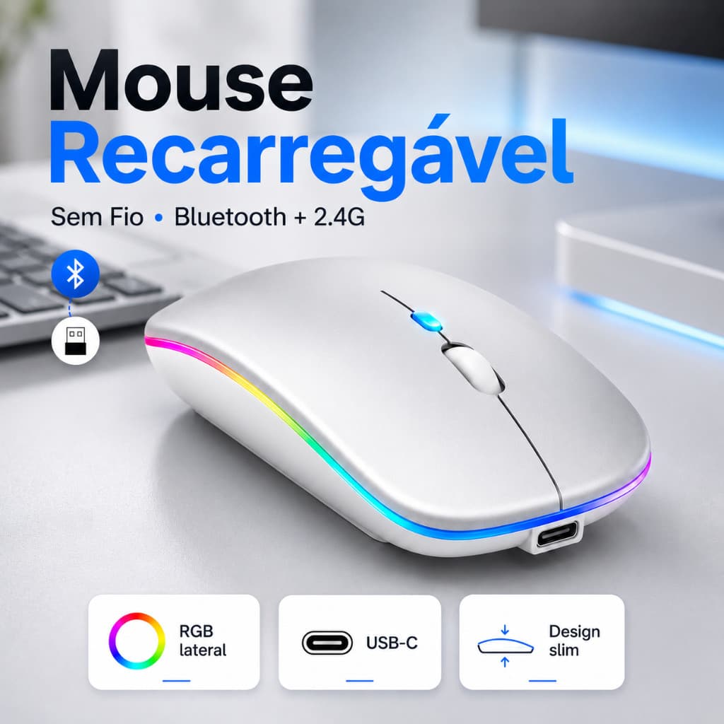 Mouse Sem Fio  Bluetooth c/ LED Dual Mode 2.4G RGB Recarregável USB-C Silencioso