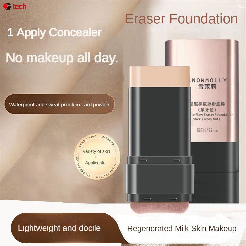 Base em bastão SNOWMOLLY Eraser, com controle de oleosidade, confortável e com pincel aplicador. Base líquida 