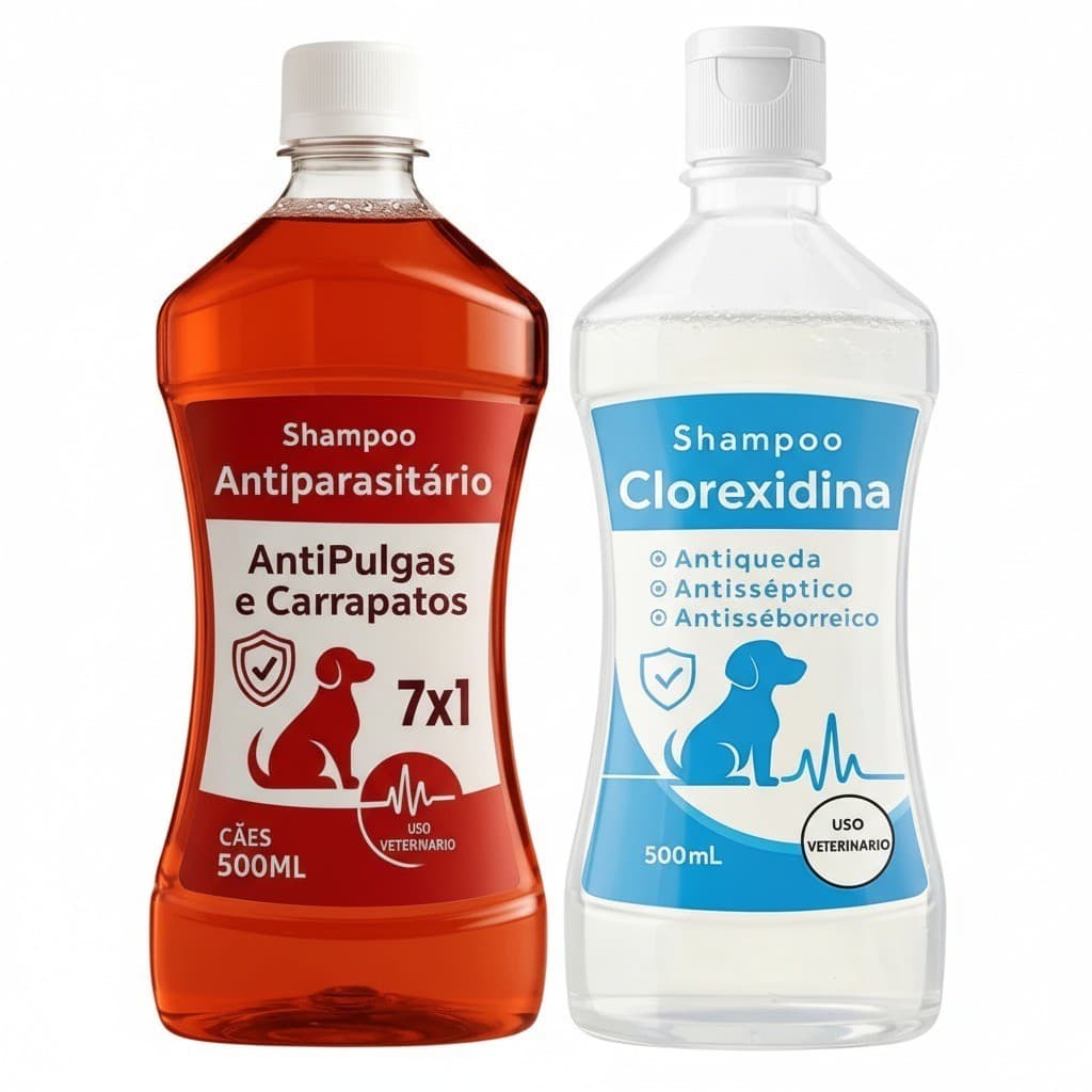 Kit Shampoo Clorexidina + Shampoo Antiparasitário 7 Em 1 Para Cachorro - 500ml Cada