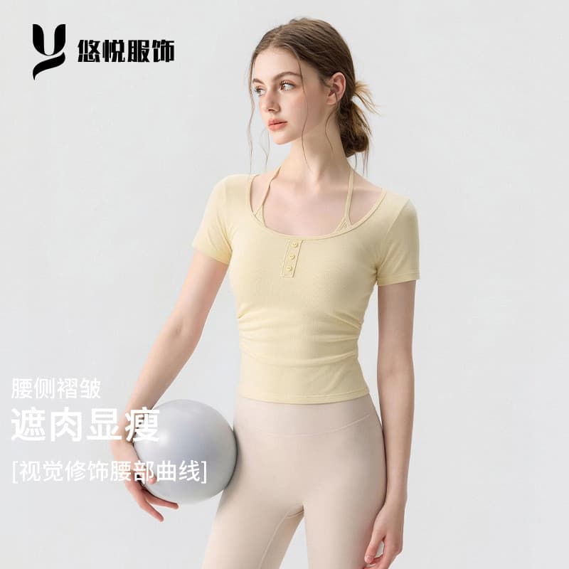 Roupas de yoga femininas 2026 verão novo estilo yoga esportes Pilates Fitness estilingue de manga curta topo feminino