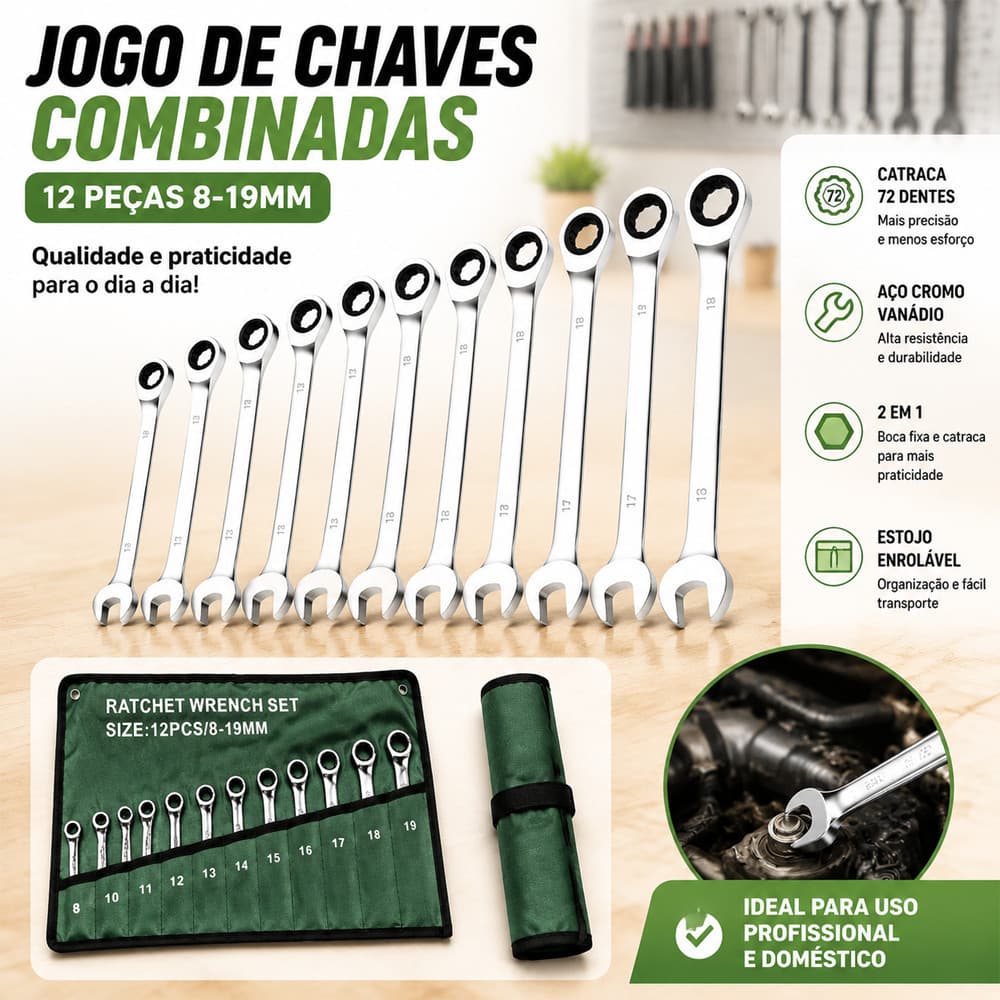 Jogo de Chaves Combinadas com Catraca 14 Peças 8 a 24mm Ferramenta Profissional para Oficina Mecânica