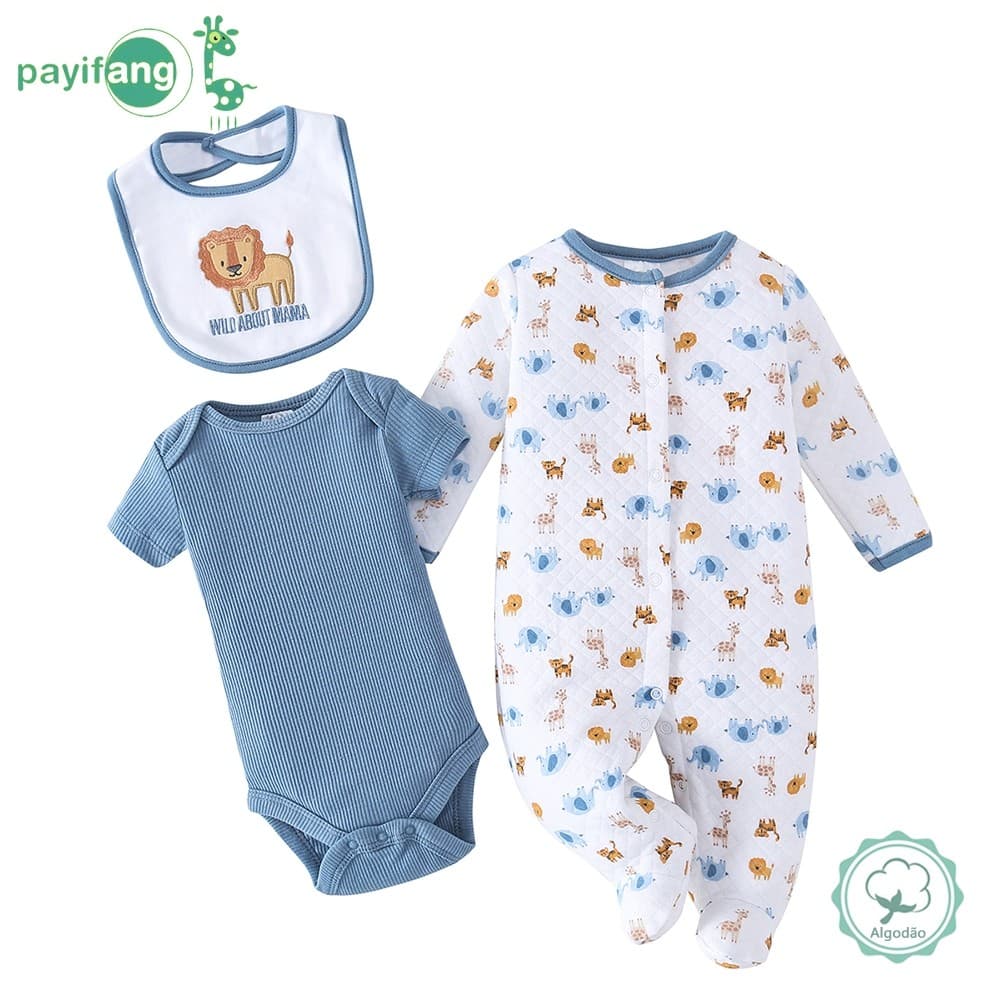 Payifang Kit Enxoval Bebê Unissex 0-9 Meses 100% Algodão Animais Savana Canelado Mameluco com Pé Body e Babero | PF