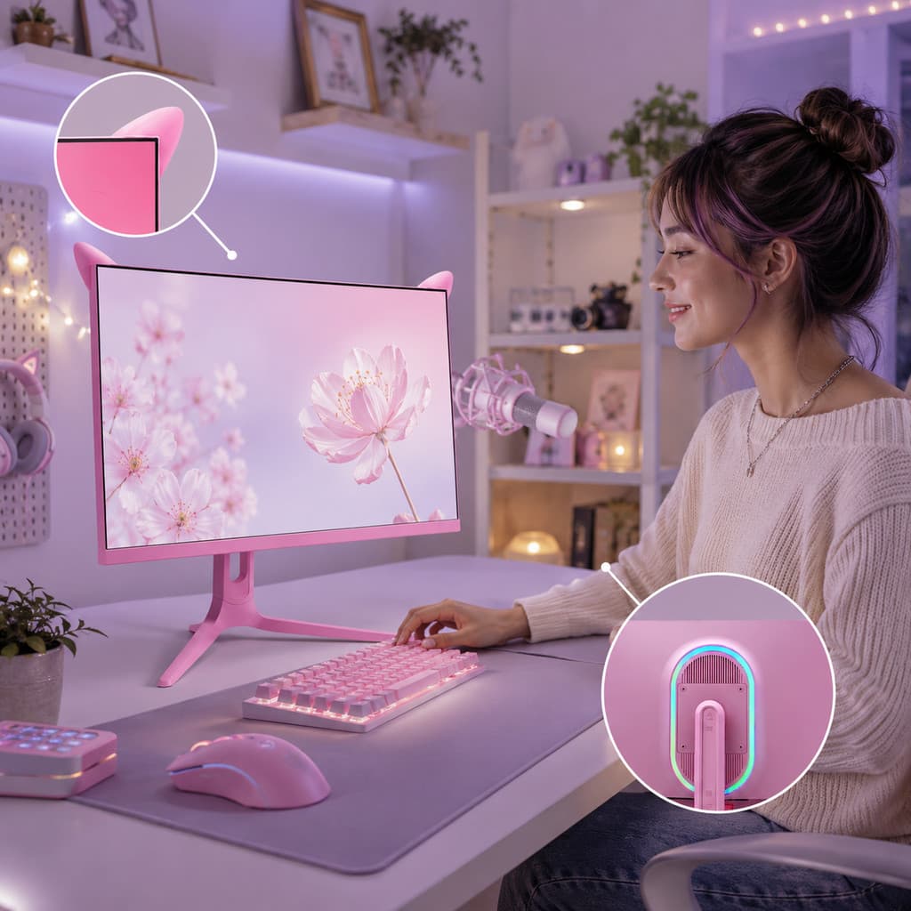Monitor Gamer Aitek 27" Rosa Orelhas de Gato RGB Full HD IPS 100Hz 1ms AMD FreeSync HDMI VGA DELTA-M2710RA