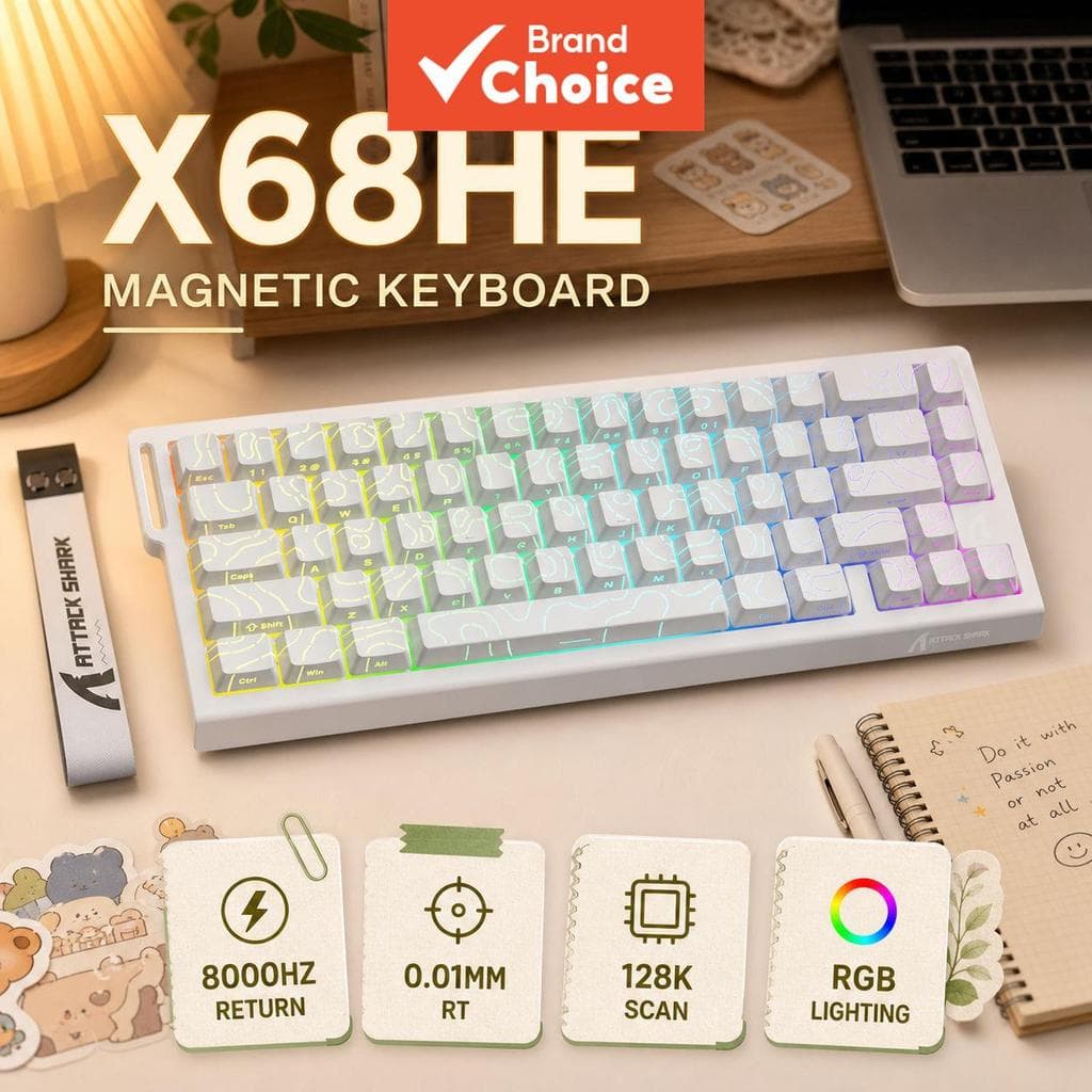 Teclado mecânico Attack Shark X68 HE, teclado para jogos, 66 teclas, taxa de sondagem de 8000 Hz, latência de 0,125 ms,
