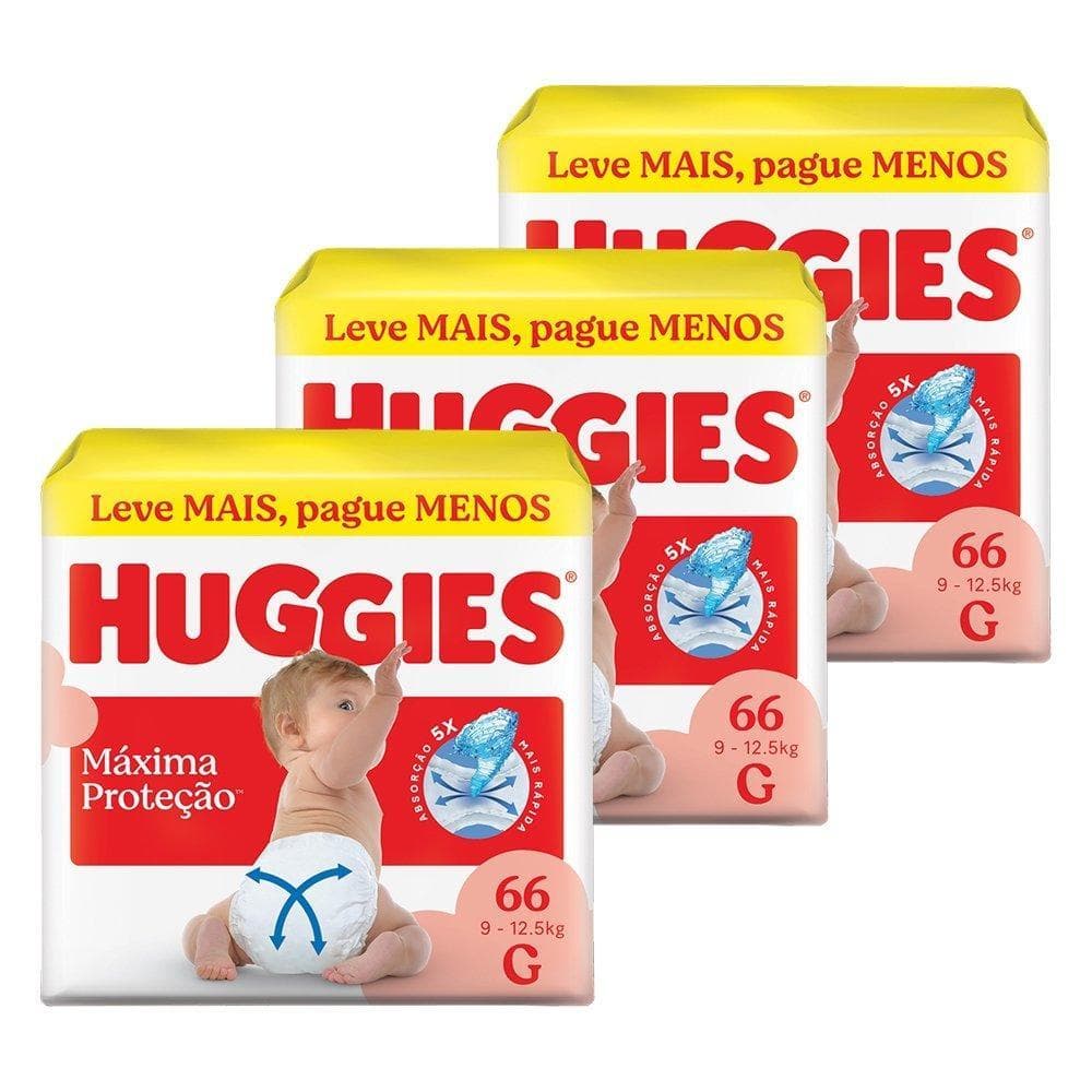 Fralda Descartável Huggies Máxima Proteção Tamanho G - 3 Pacotes com 66 Fraldas - Total 198 Tiras