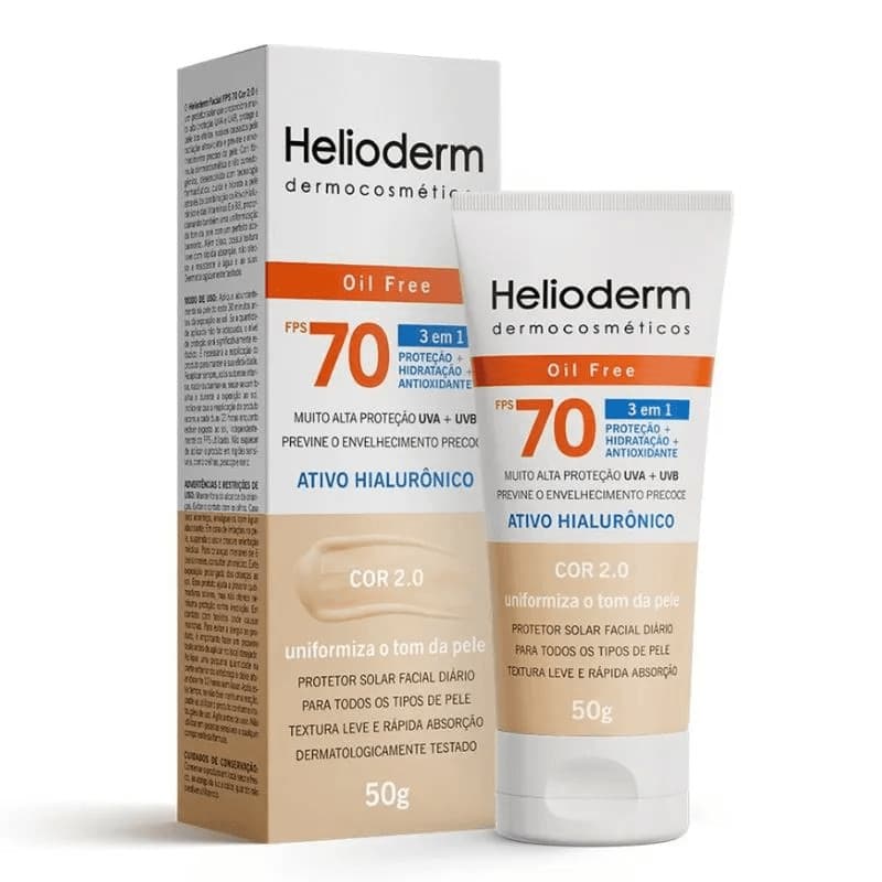 Protetor Solar Facial Helioderm FPS70 Oil Free 3 em 1 Cor Bege Claro 2.0 - 50g