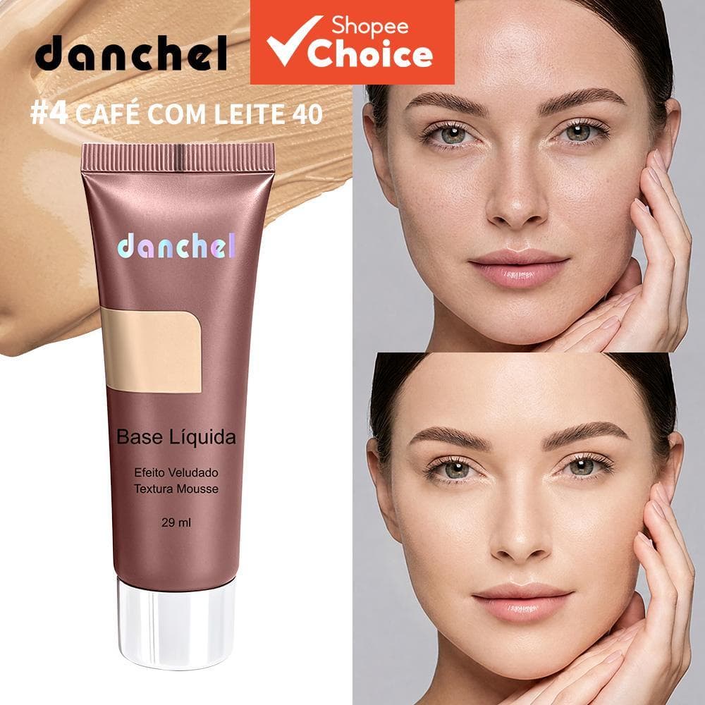 Base líquida ajustável Danchel Mousse veludo matte cobertura total, controle de oleosidade, longa duração, toque leve,