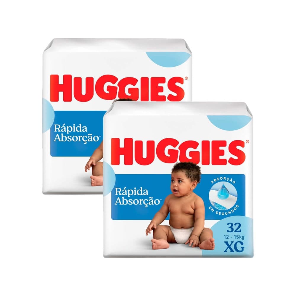Kit 2 Fralda Huggies Rápida Absorção Tamanho XG Pacote Mega 32 Unidades Descartáveis