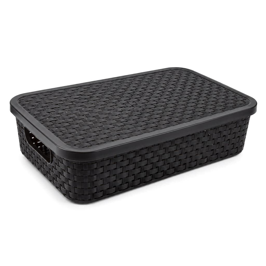 Cesto Organizador Plástico Rattan Baixo 4,5L Tampa Alças Banheiro Escritório 260.012