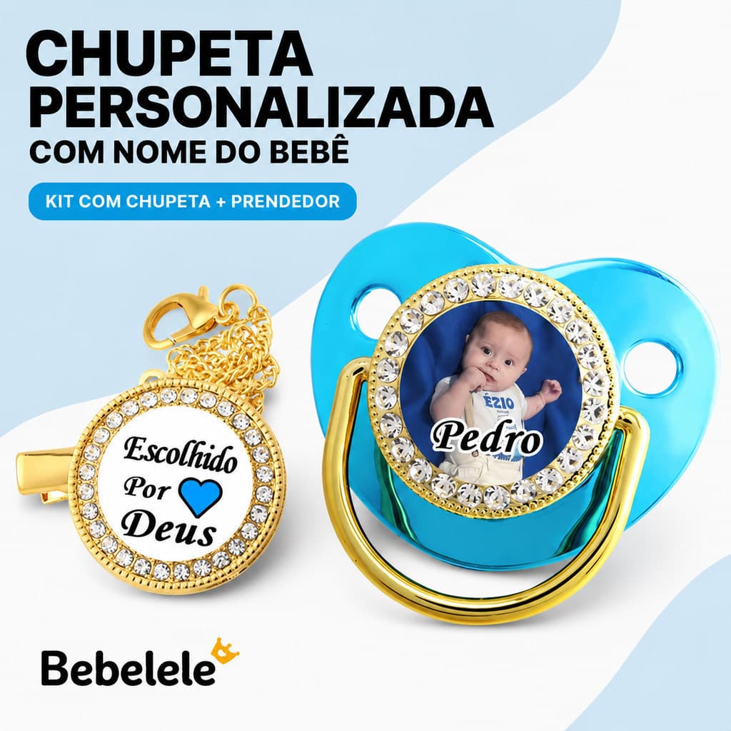 Chupeta de bebé em formato plano, personalizada com nome/foto, acompanha chupeta/clip/corrente/fecho&EGUR