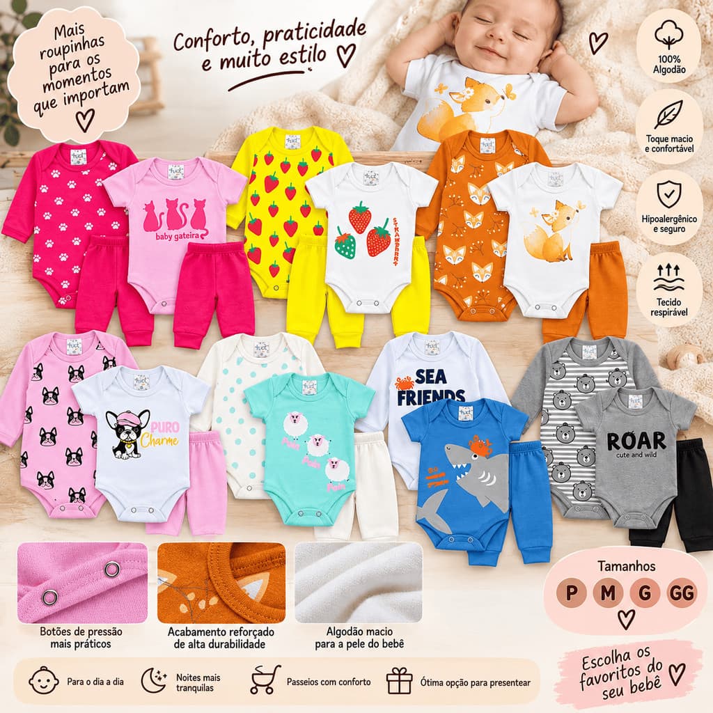Kit 3 Peças Body Bebê Manga Curta e Longa Mijão Unissex Menino Menina Premium Macio Ideal Presente Enxoval P ao GG