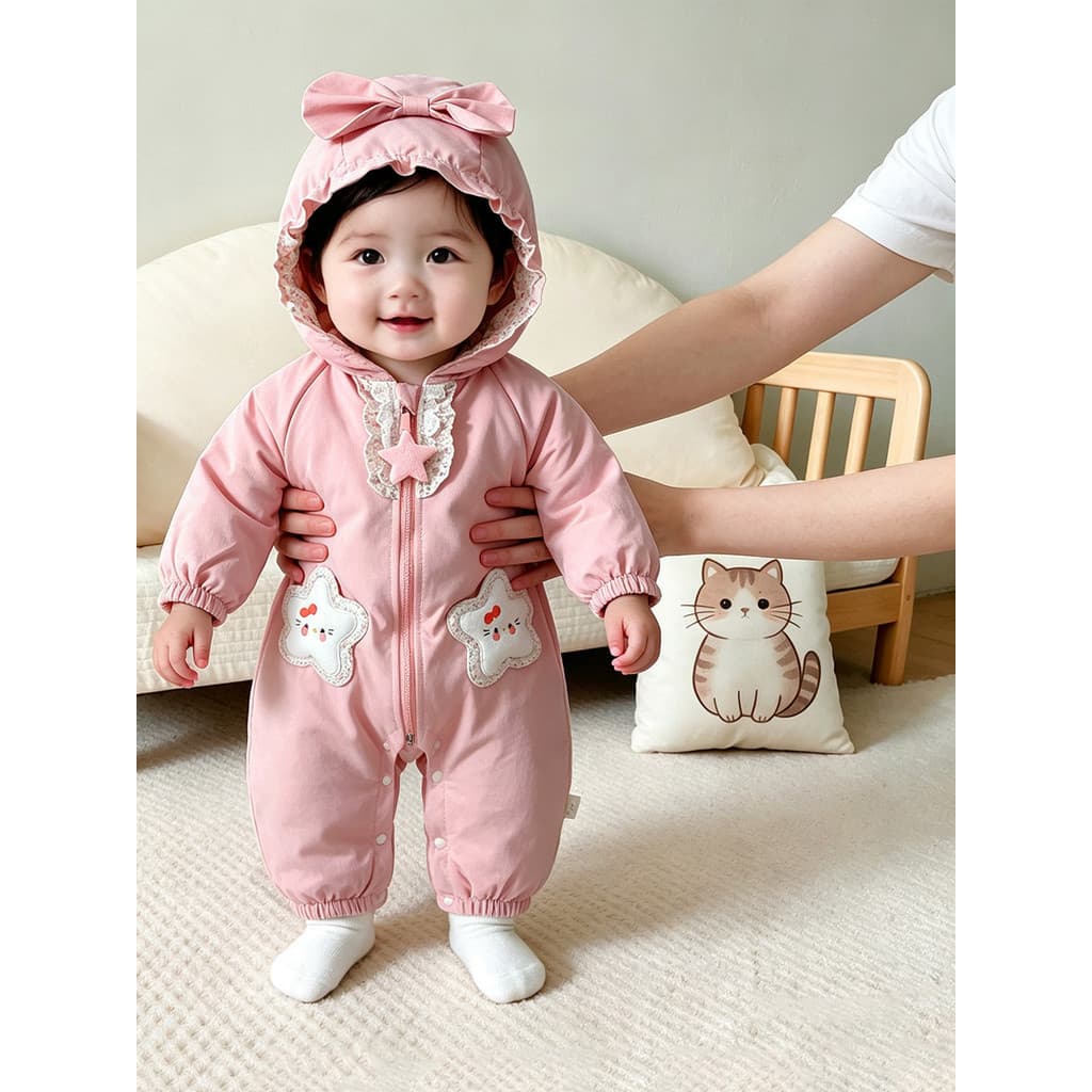 Bebê bebê outono macacão feminino dupla camada desossado com capuz Outing roupas outono roupas de bebê menina macacão ja