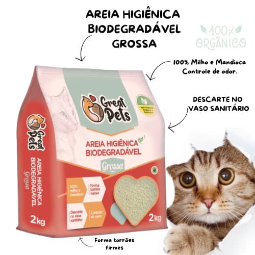 Areia Higiênica Sanitária 2 Kg Para Gatos Biodegradavel Mandioca Milho Grossa Great Pets