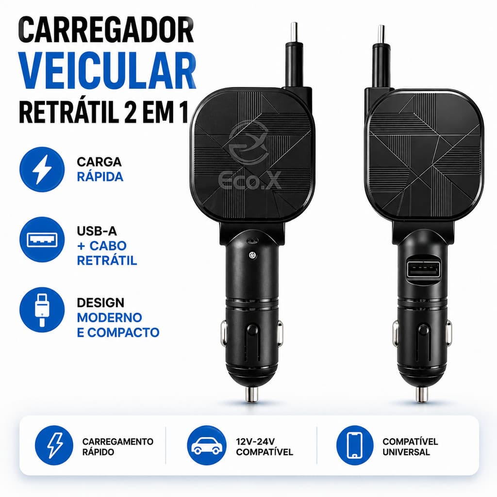 Carregador Veicular Retrátil USB-C Carregador Turbo para Carro USB + Tipo-C Carga Rápida