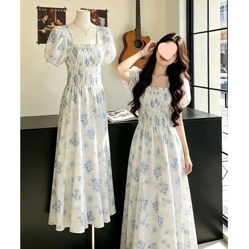 Verão feminino bonito Mori feminino vestido longo azul francês Floral vestido suave doce fresco vestido de comprimento m