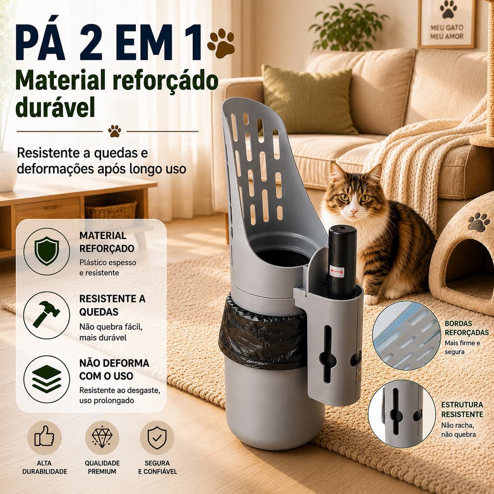 Pá Higiênica para Areia de Gatos 2 em 1 com Peneira e Dispenser Integrado de Sacos para Limpeza da Caixa Sanitária