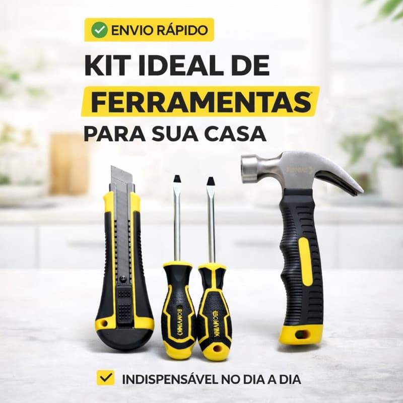 Kit Ferramentas essenciais 4 Peças | Martelo, Chaves e Estilete Completo | Resolva Tudo em Casa Rápido e Fácil