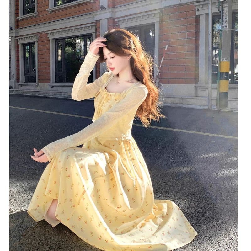2026 francês amarelo temperamento estilingue vestido feminino japonês bonito menina vestido longo na moda 7.19 vestido