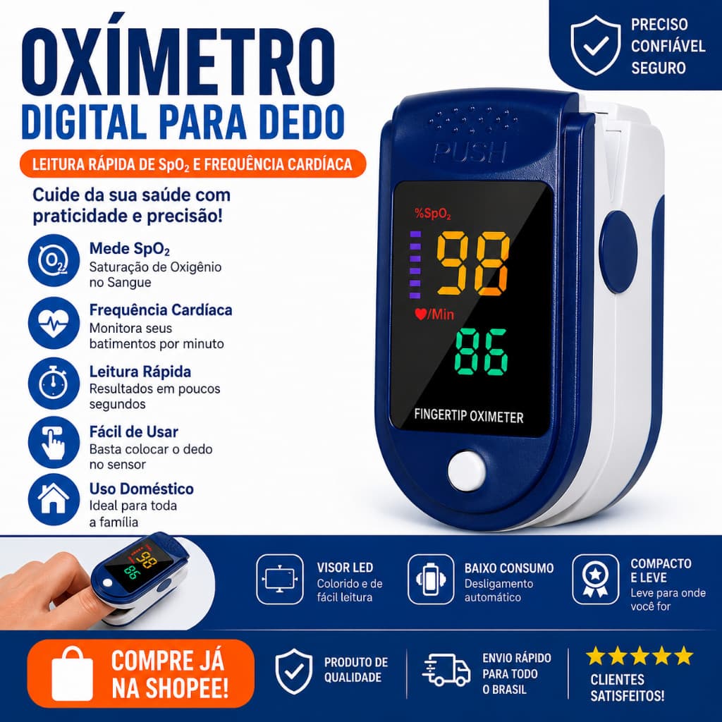 Oxímetro digital para dedo com visor led, leitura rápida de spo2 e frequência cardíaca para uso doméstico