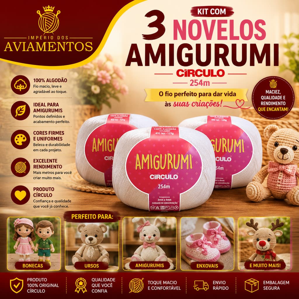 Kit 3 Novelos Amigurumi Círculo 254m 100% Algodão Crochê