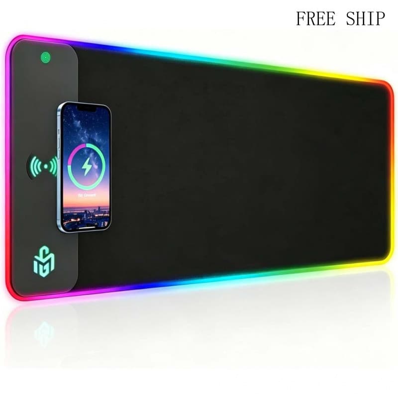 Mouse Pad Gamer com Carregamento Sem Fio, 800x300x4mm, Preto |   Suporta carregamento sem fio para smartphones e fones d