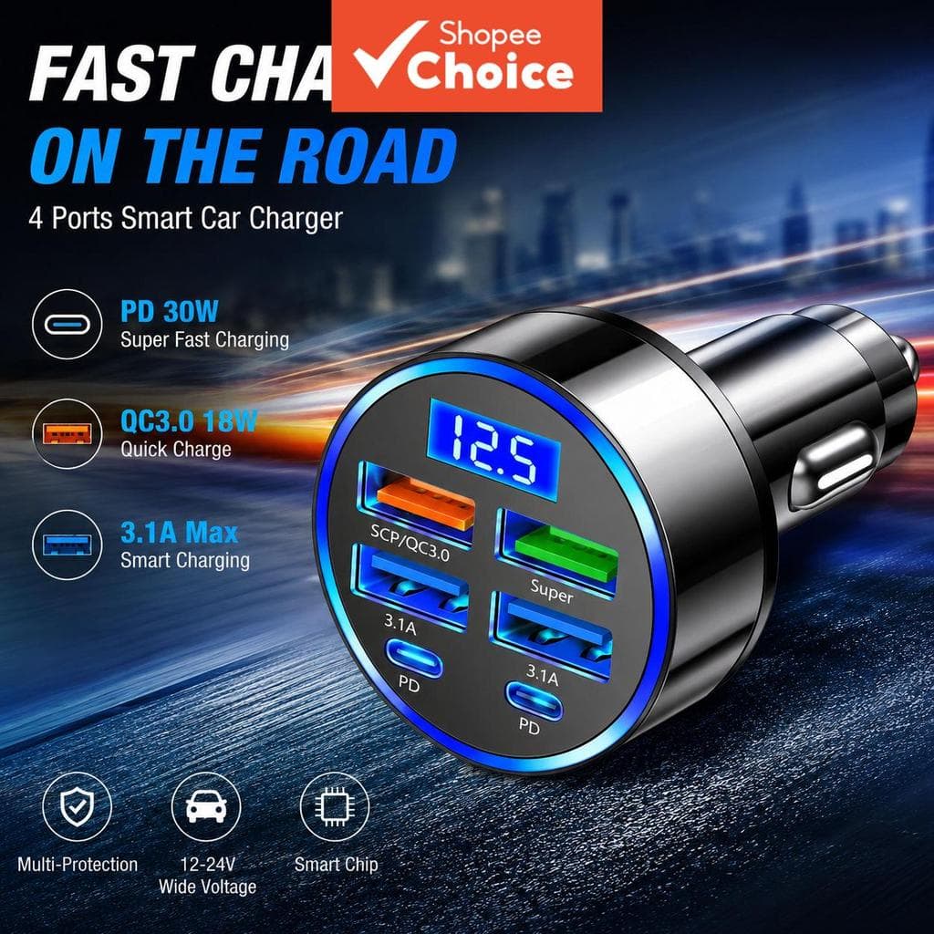 Adaptador de carregador veicular para carro com display de voltagem, carregamento super rápido dual PD 12-24V para