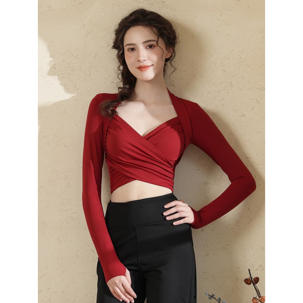 Roupas de Yoga topo feminino novo estilo com decote em V manga comprida almofada no peito roupas de Fitness temperamento