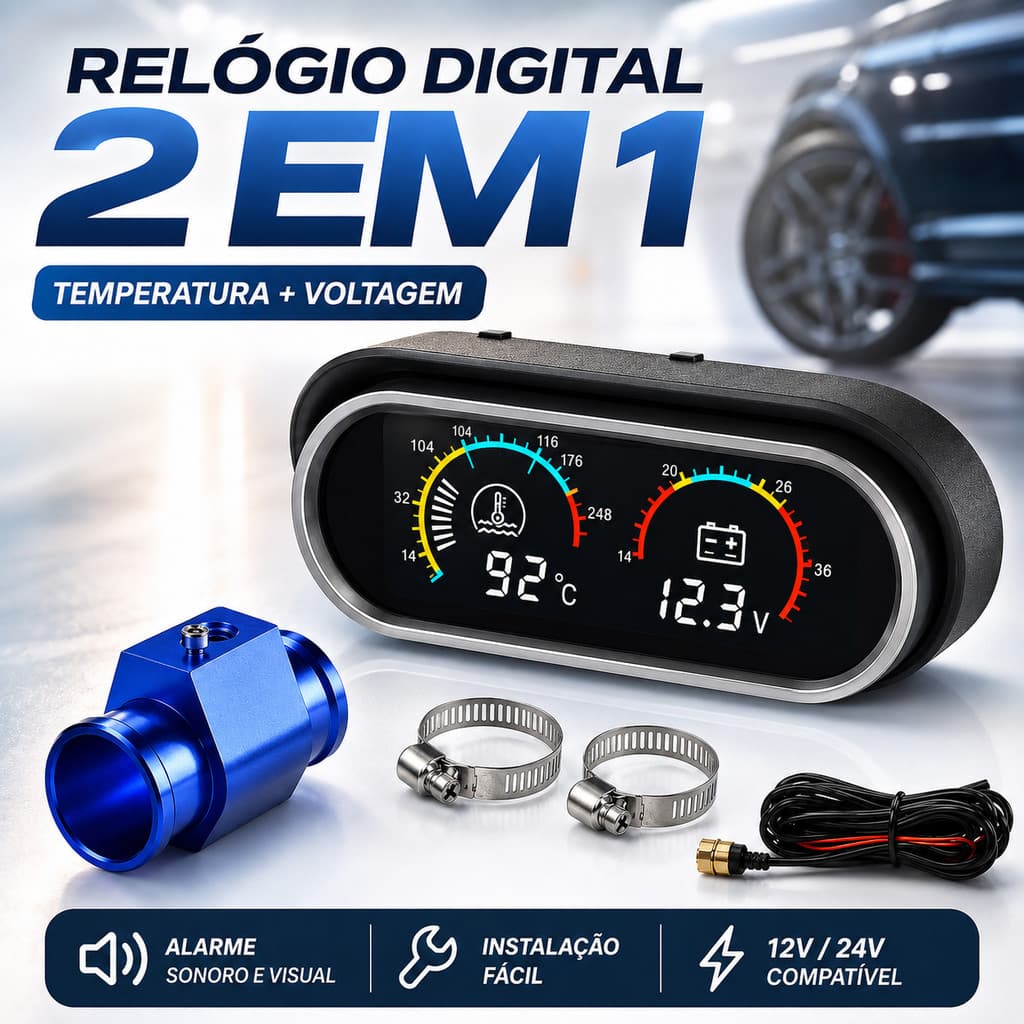 Relógio Digital 2 em 1 Termômetro Voltímetro 12V 24V com Sensor Alarme para Carro Moto Caminhão
