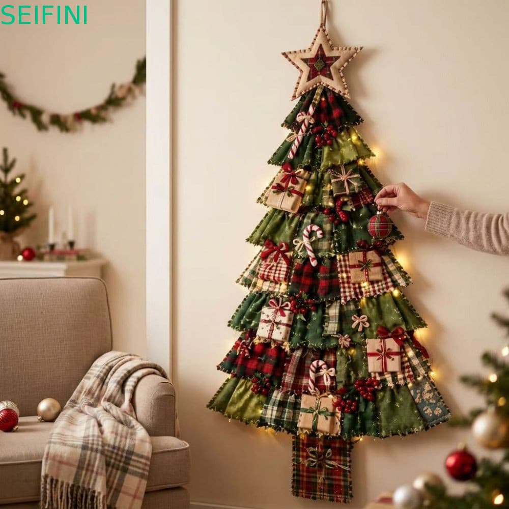 SEIFINI Patchwork Porta De Árvore De Natal Pendurada , De Tecido Grande Com Estampa Xadrez Vintage , Feita À Mão