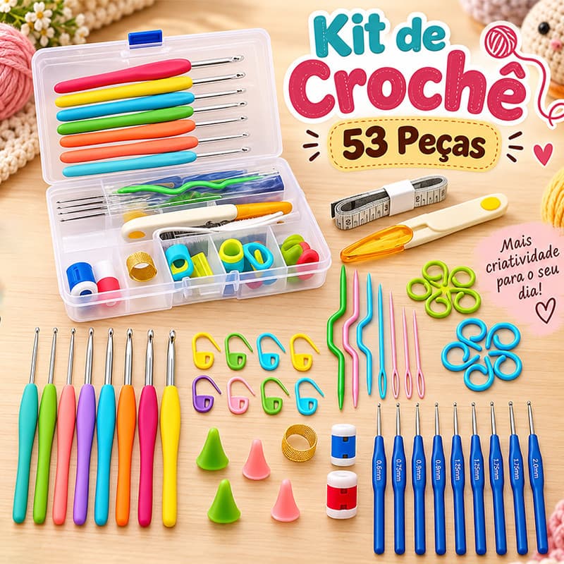 Kit Crochê para Amigurumi 53 Peças Agulhas Cabo Soft Tesoura Acessórios Completo