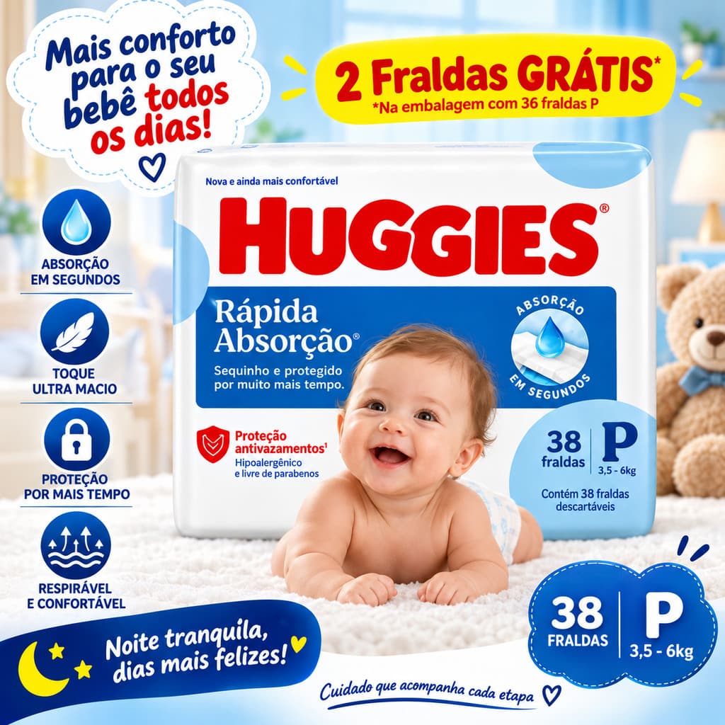 Fralda Huggies Rápida Absorção Tamanho P 38 Unds 3,5 a 6 Kg